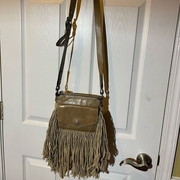 Ghurka made in Italy leather & textile Khaki woven & fringe small crossbody bag - Picture 1 of 16